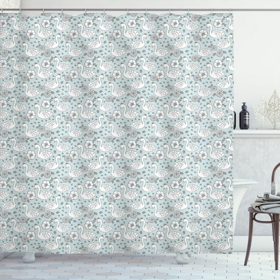 Ambesonne Swans Shower Curtain, Hand Drawn Flowers and Birds, 69"Wx84"L, Pale Blue Grey and White