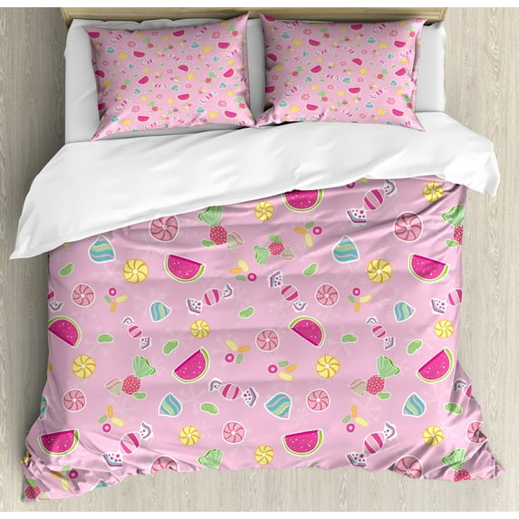 Ambesonne Sweets Duvet Cover Sets, Creative Delicious Fruit, 2-Queen, Pale Pink Magenta Mint