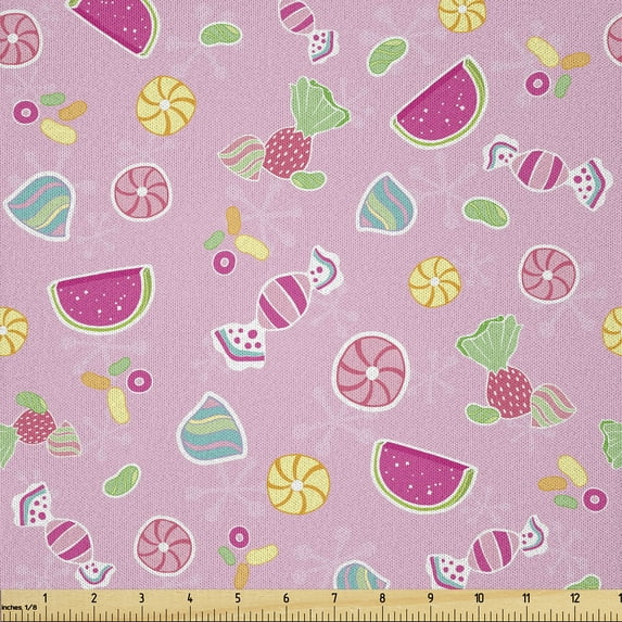 Ambesonne Sweets Fabric by the Yard Microfiber, Creative Delicious Fruit, 1 Yard, Pale Pink Magenta Mint