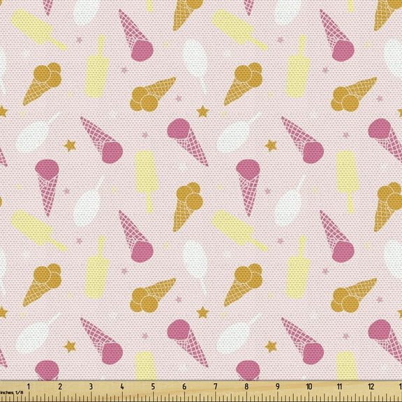 Ambesonne Sweets Fabric by the Yard Upholstery, Ice Cream Cones Stars Desert, 2 Yards, Pink Dark Yellow