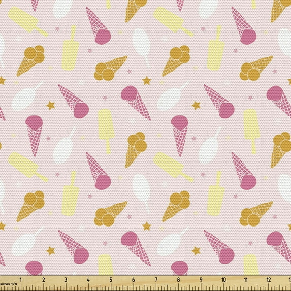 Ambesonne Sweets Fabric by the Yard Upholstery, Ice Cream Cones Stars Desert, 2 Yards, Pink Dark Yellow