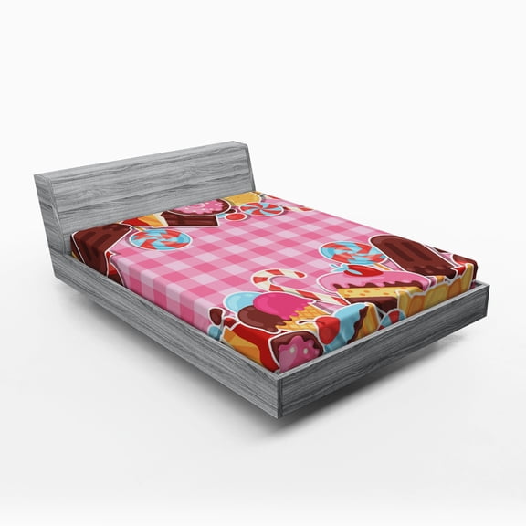 Ambesonne Sweets Fitted Sheet, Candy Cookie Sugar Cake, Full Size, Brown Pale Pink