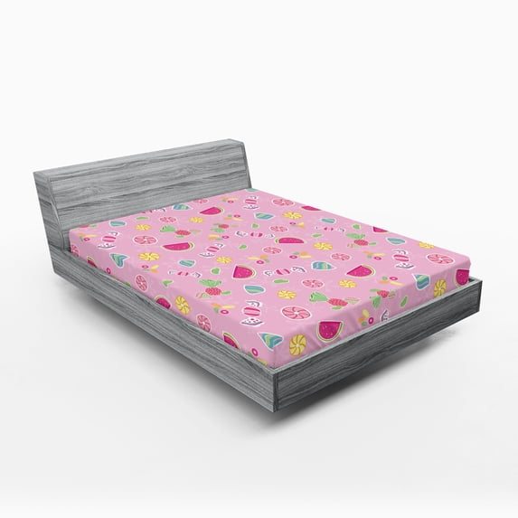 Ambesonne Sweets Fitted Sheet, Creative Delicious Fruit, Queen Size, Pale Pink Magenta Mint