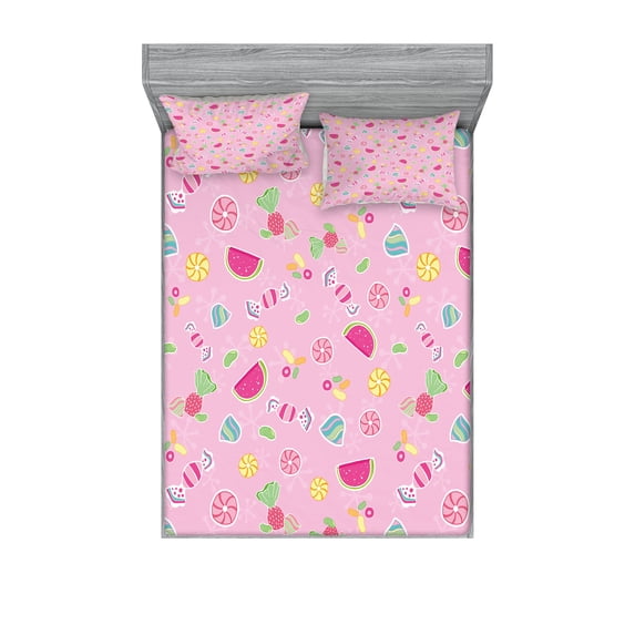 Ambesonne Sweets Fitted Sheet & Pillow Sham Set, Creative Delicious Fruit, Full, Pale Pink Magenta Mint
