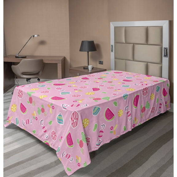 Ambesonne Sweets Flat Sheet, Creative Delicious Fruit, TwinXL Size, Pale Pink Magenta Mint