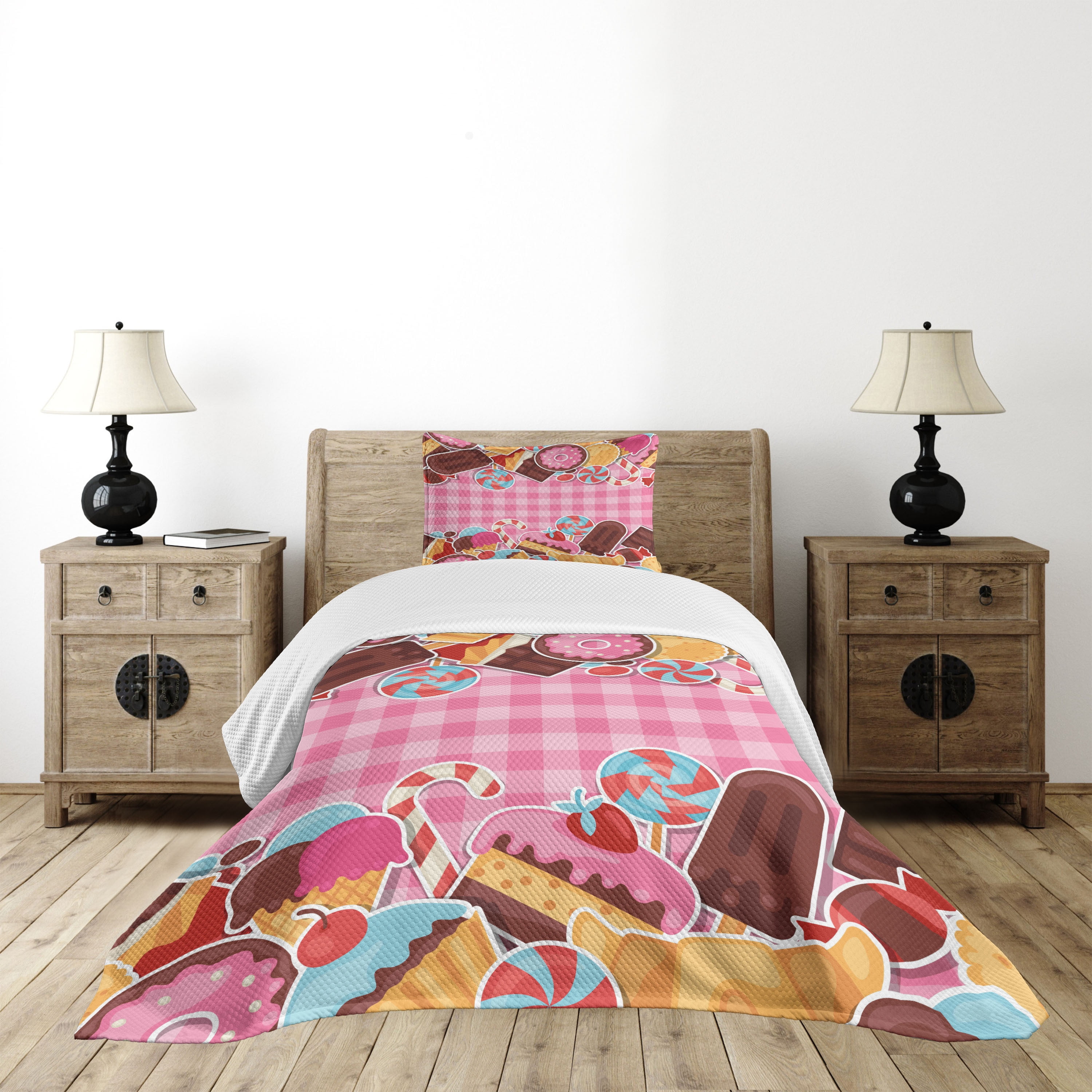 Pink and White Candy-Themed Twin Bedspread Set