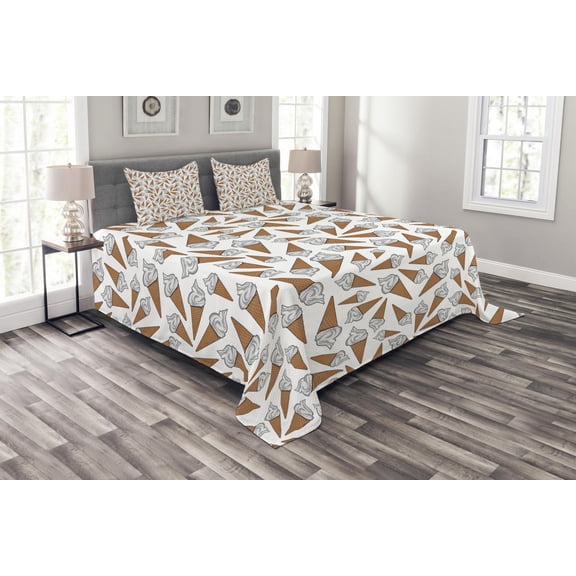 Ambesonne Sweets Quilted Bedspread Set 3 Pcs, Yummy Desert Gelato, King Size, Pearl Pale Caramel