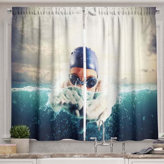 Ambesonne Swimming Theme Kitchen Curtains, Guy in Deep Water, 55"x36", Pale Petrol Blue Beige