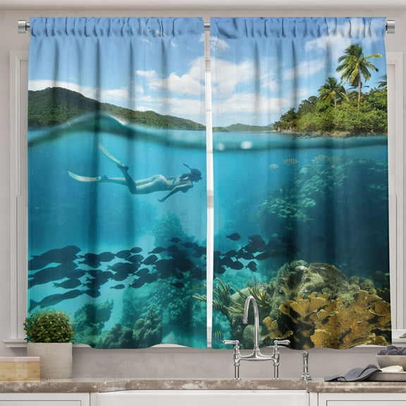 Ambesonne Swimming Theme Kitchen Curtains, Lady in Sea Fishes, 55"x39", Sky Blue Olive Green Fawn