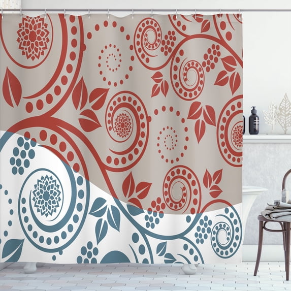 Ambesonne Swirls Shower Curtain, Curlicue Antique Floral Art, 69"Wx75"L, Vermilion Blue and Tan
