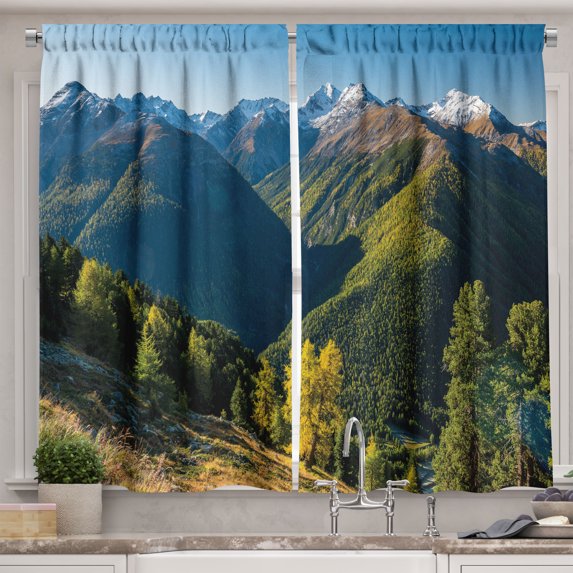 Ambesonne Switzerland Kitchen Curtains, Swiss National Park, 55"x24", Green Brown and Sea Blue