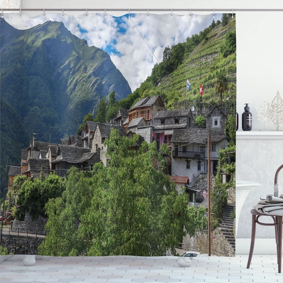 Ambesonne Switzerland Shower Curtain, Clouds Houses Valley, 69"Wx70"L, Olive Green Sea Blue