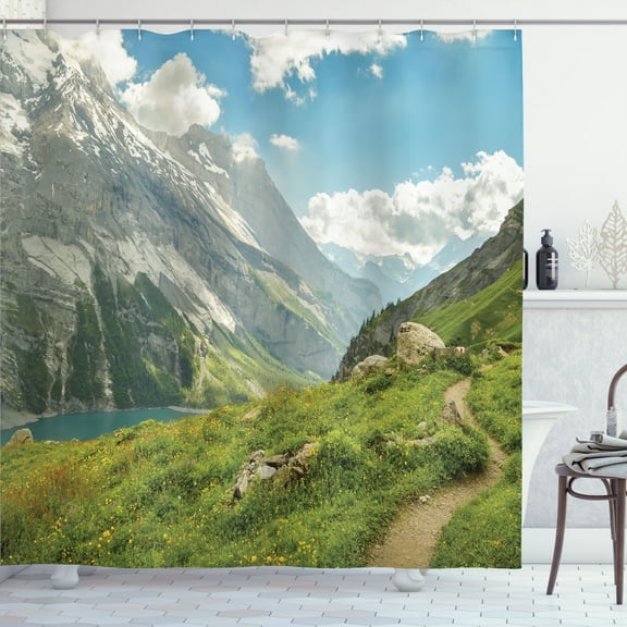 Ambesonne Switzerland Shower Curtain, Mountains Clouds Paths, 69"Wx75"L, Olive Green and Pale Blue