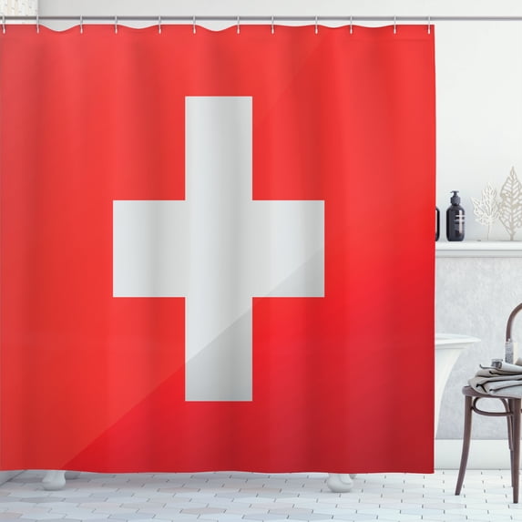 Ambesonne Switzerland Shower Curtain, Plus Shape on Red Back, 69"Wx75"L, Red Vermilion White