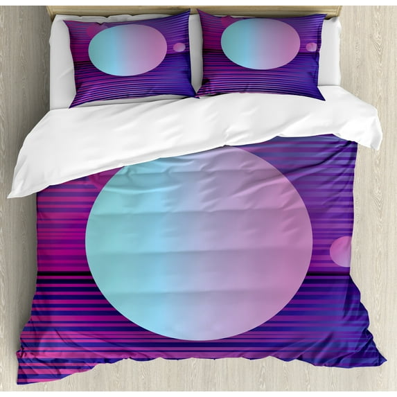 Ambesonne Synthwave Duvet Cover Sets, Stripes Galactic Rounds, 2-Queen, Fuchsia Blue Violet