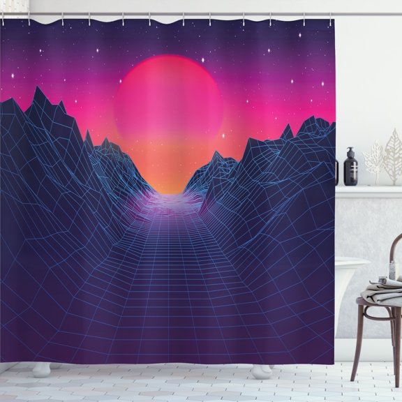 Ambesonne Synthwave Shower Curtain, 80's Grid Mountains Sun, 69"Wx84"L, Indigo Hot Pink and Apricot