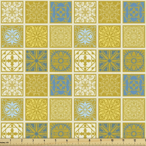 Ambesonne Talavera Fabric by the Yard Upholstery, Folkloric Ornate Squares, 2 Yards, Dark Yellow Multicolor