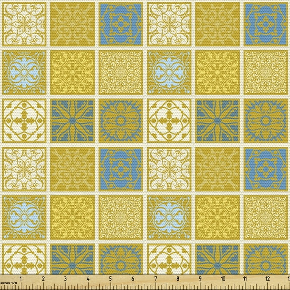 Ambesonne Talavera Fabric by the Yard Upholstery, Folkloric Ornate Squares, 2 Yards, Dark Yellow Multicolor
