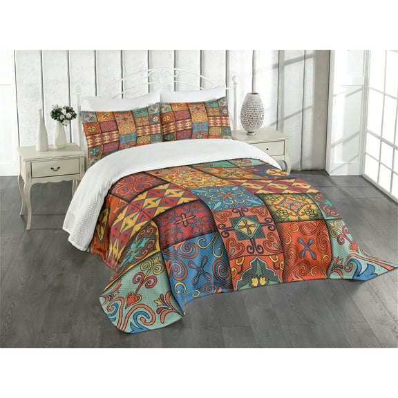 Ambesonne Talavera Quilted Bedspread Set 3 Pcs, Azulejo Tile Squares Art, King Size, Multicolor