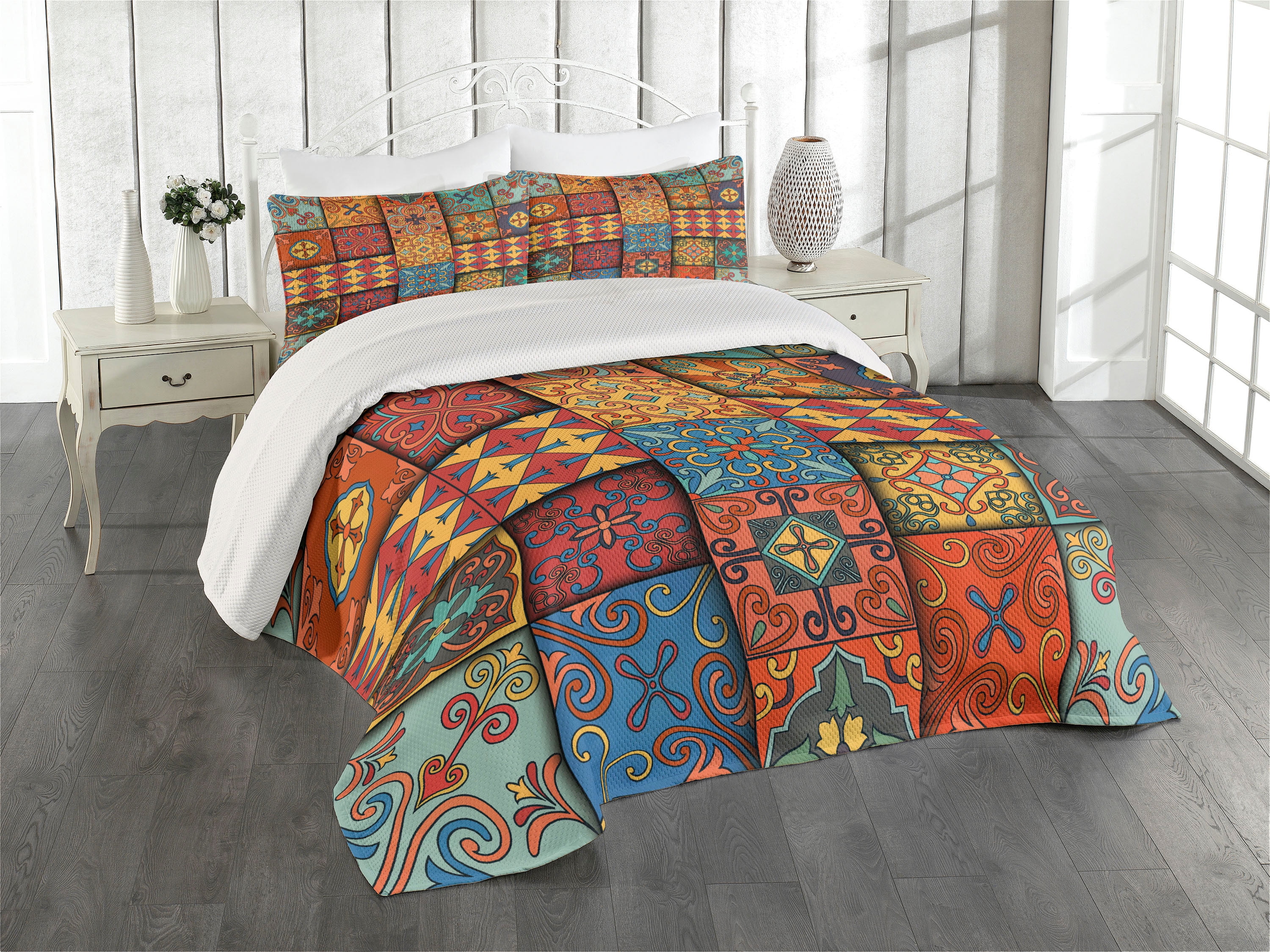 Colorful Multicolor Polyester Twin Bedspread Set