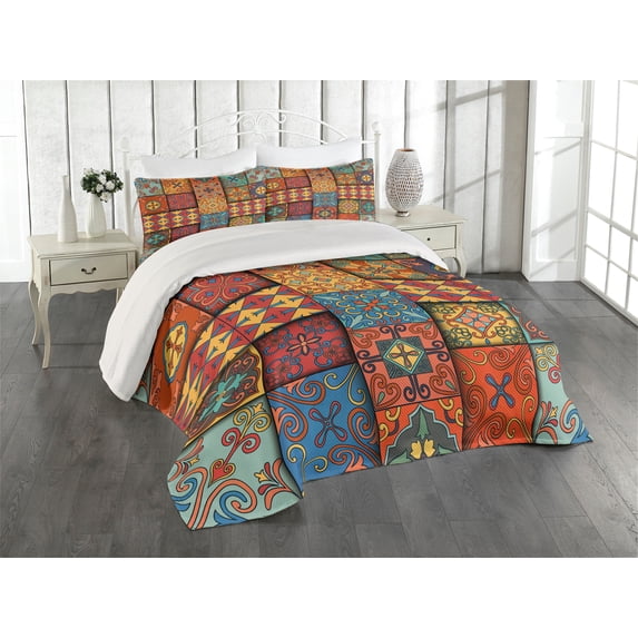 Ambesonne Talavera Quilted Coverlet 3 Pcs, Azulejo Tile Squares Art, King Size, Multicolor