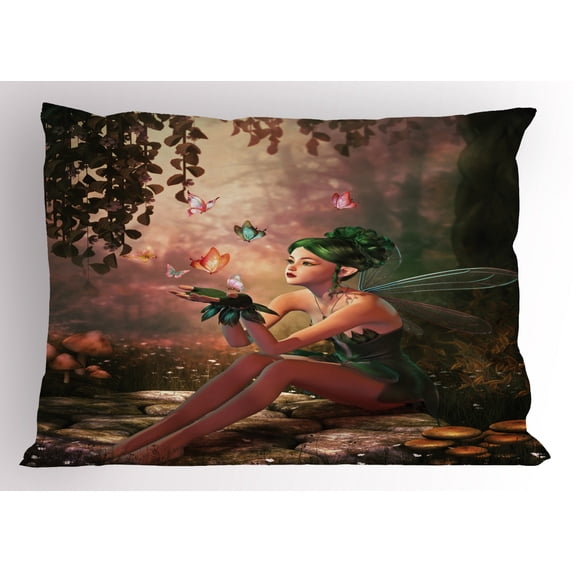 Ambesonne Tale Pillow Sham, Girl Wings Butterflies, 26" X 20", Multicolor