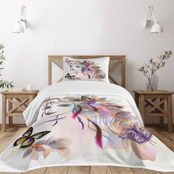 Ambesonne Tale Quilted Bedspread Set 2 Pcs, Butterflies with Girl, Twin Size, Multicolor