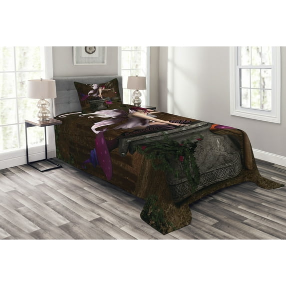 Ambesonne Tale Quilted Bedspread Set 2 Pcs, Mythical Creature Forest, Twin Size, Multicolor
