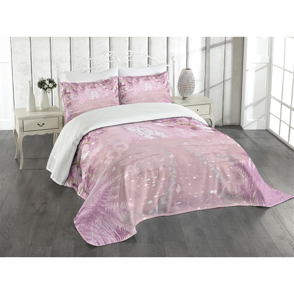 Ambesonne Tale Quilted Bedspread Set 3 Pcs, Medieval Castle Surreal, King Size, Pale Pink