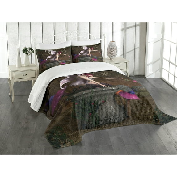 Ambesonne Tale Quilted Bedspread Set 3 Pcs, Mythical Creature Forest, King Size, Multicolor