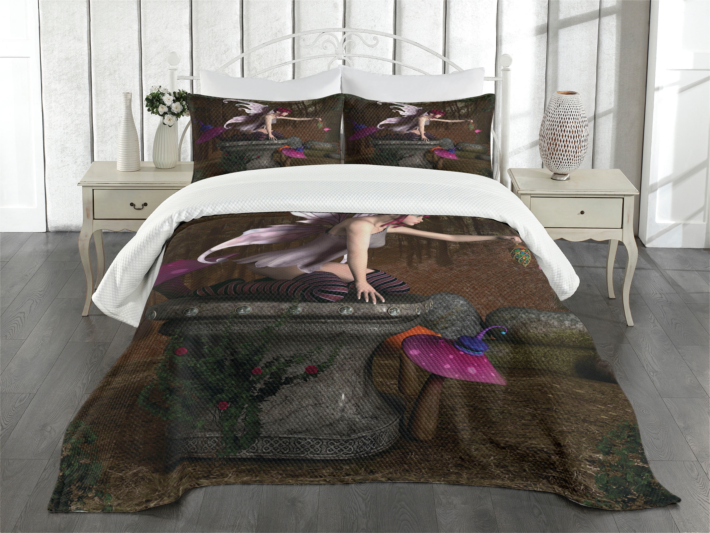 Mythical Creature Forest Queen Quilted Bedspread Set in Multicolor