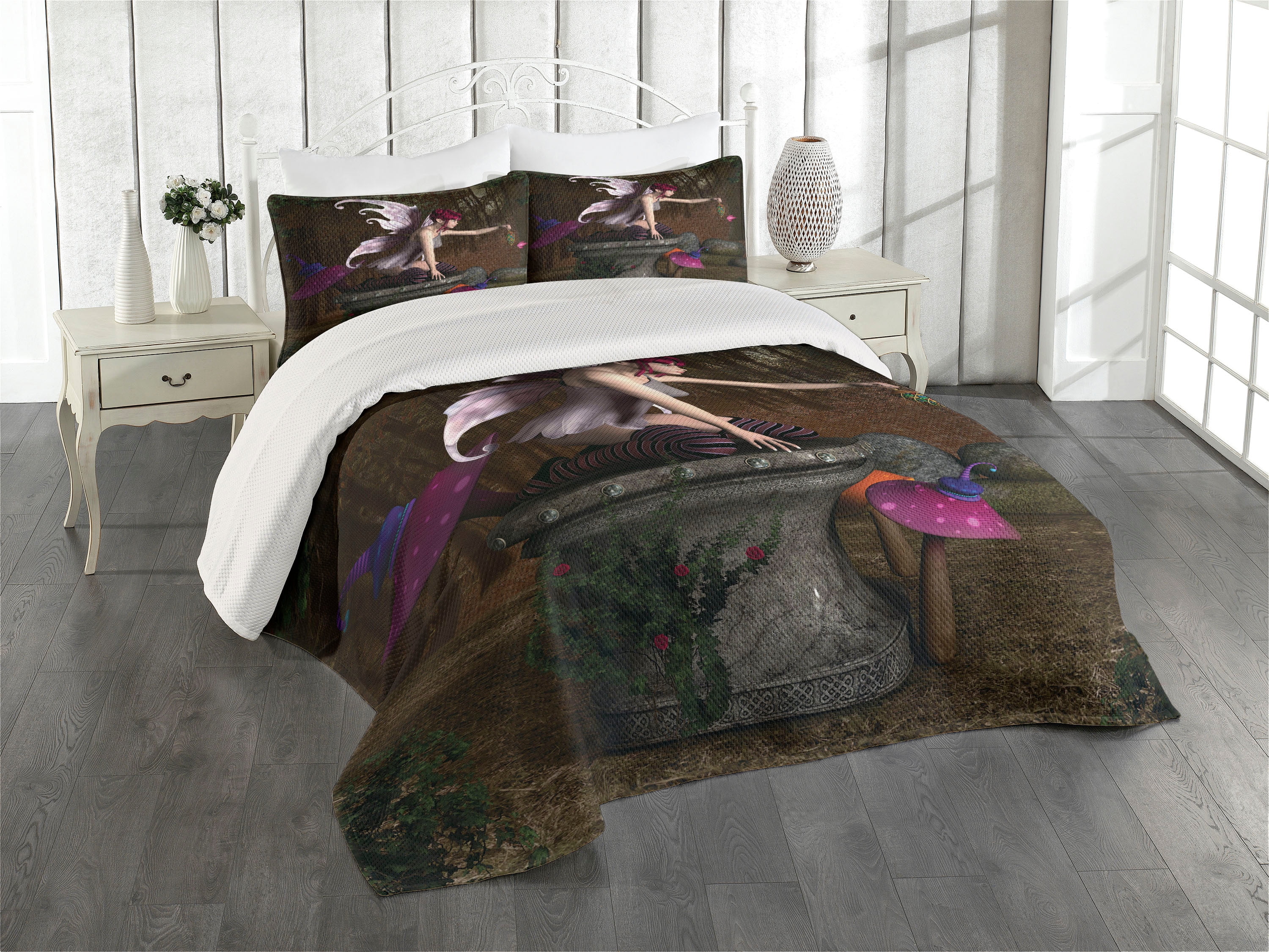 Mythical Creature Forest Queen Quilted Bedspread Set in Multicolor