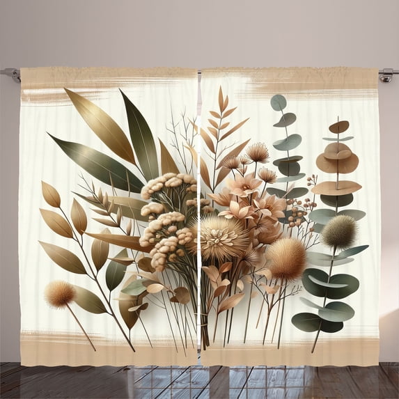Ambesonne Tan Curtains 2 Panel Set, Botanical Elements Paint Print, 108" x 84", Ecru Reseda Green and Beige