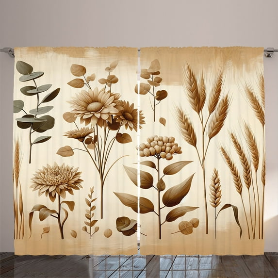 Ambesonne Tan Curtains 2 Panel Set, Monochrome Botanical Elements, 108" x 90", Almond Ecru Reseda Green