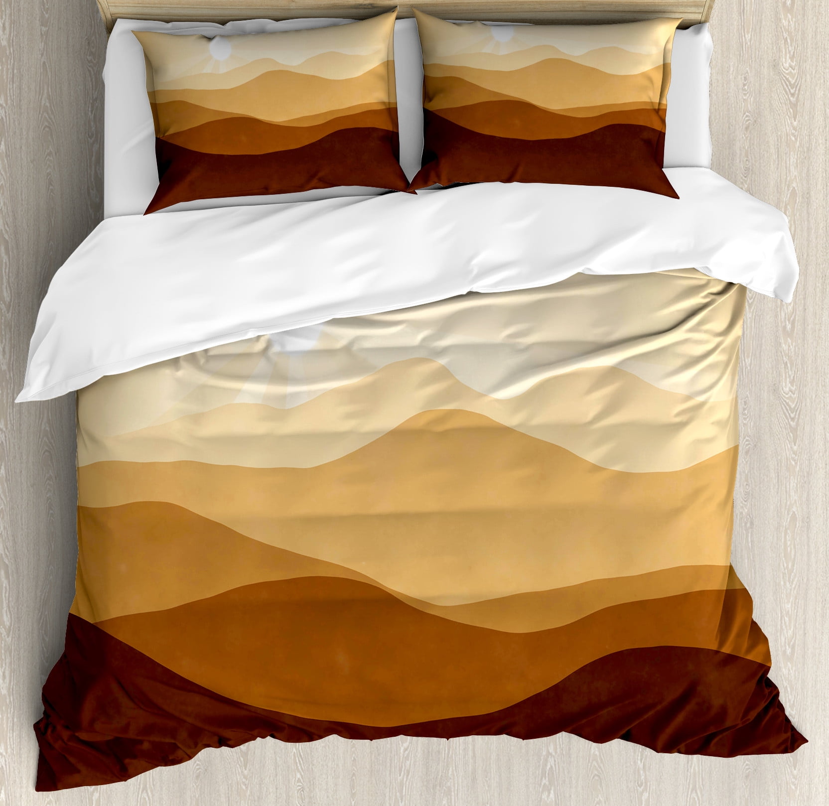 Ambesonne Tan Duvet Cover Set, Abstract Sunrise Mountains, 2Calking, Sand Brown Pale Brown