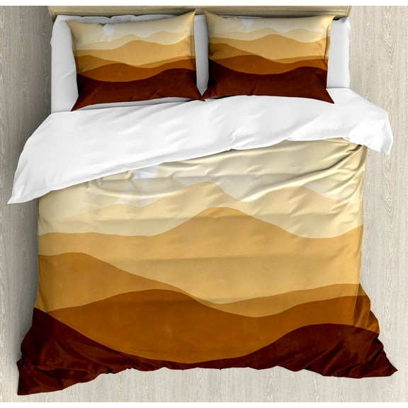 Ambesonne Tan Duvet Cover Set, Abstract Sunrise Mountains, King, Sand Brown Pale Brown