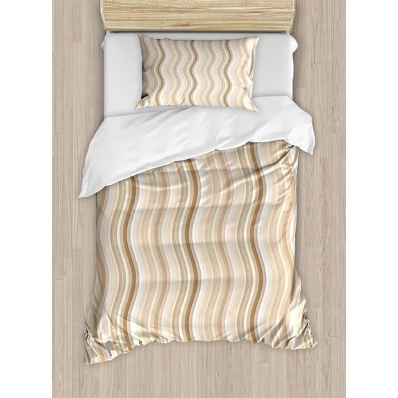 Ambesonne Tan Duvet Cover Sets, Wavy Lines Vertical Swirl, 2-Twin, Pale Brown Tan White