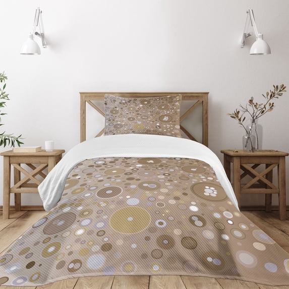 Ambesonne Tan Quilted Bedspread Set 2 Pcs, Bubble Like Circles Dots, Twin Size, Tan Pale Purple Cream