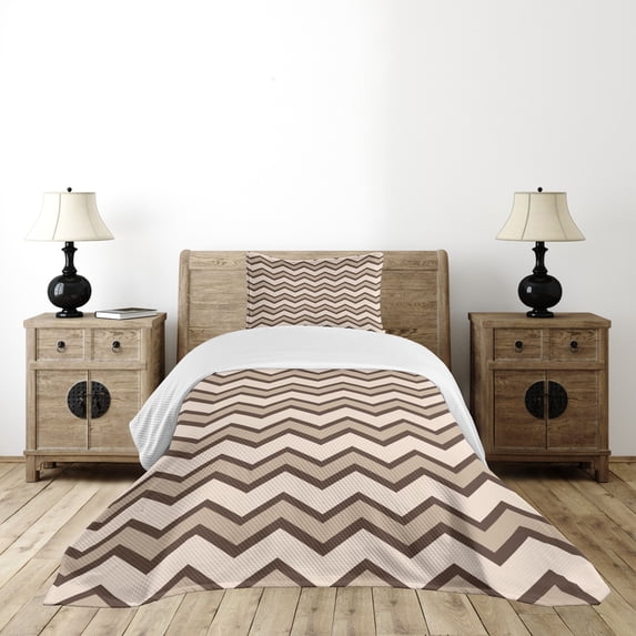 Ambesonne Tan Quilted Bedspread Set 2 Pcs, Classic Chevron Zigzags, Twin Size, Brown and Tan