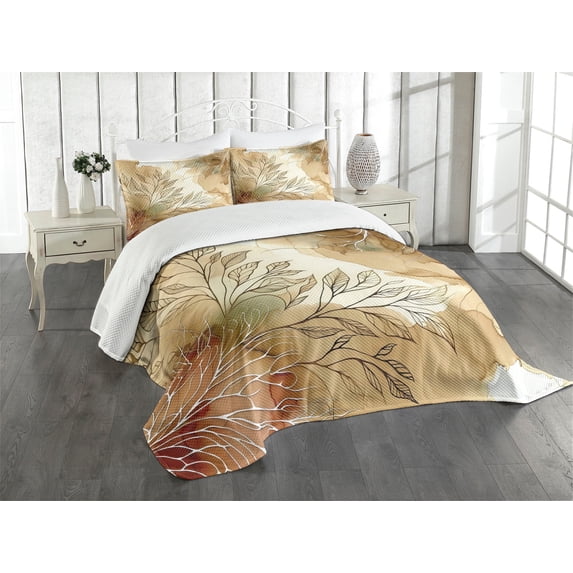 Ambesonne Tan Quilted Bedspread Set 3 Pcs, Abstract Branches Marble Like, King Size, Almond Ecru Beige