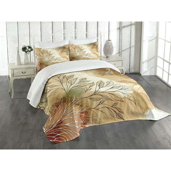 Ambesonne Tan Quilted Bedspread Set 3 Pcs, Abstract Branches Marble Like, Queen Size, Almond Ecru Beige