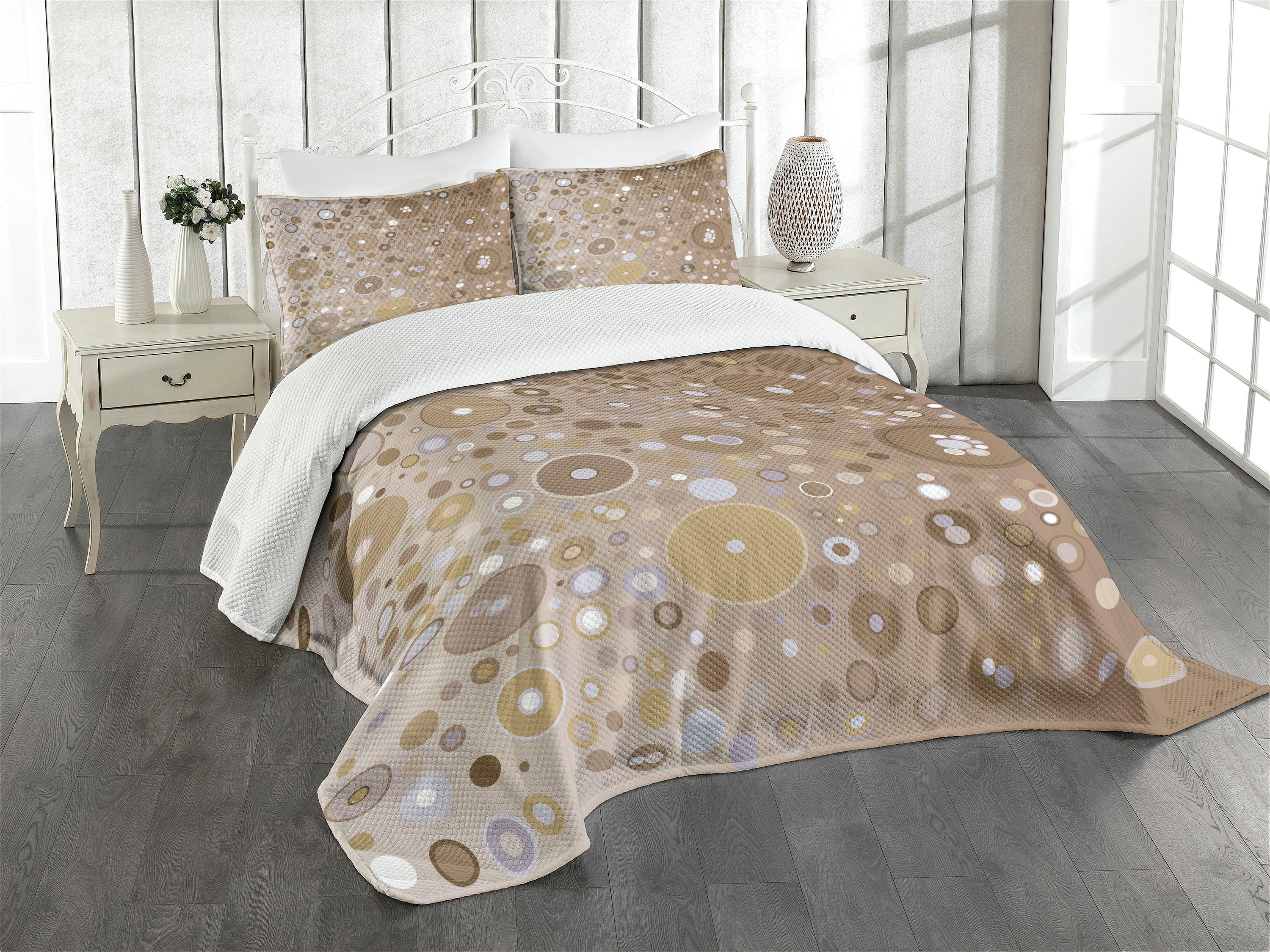 King Size Quilted Bedspread Set in Tan and Purple