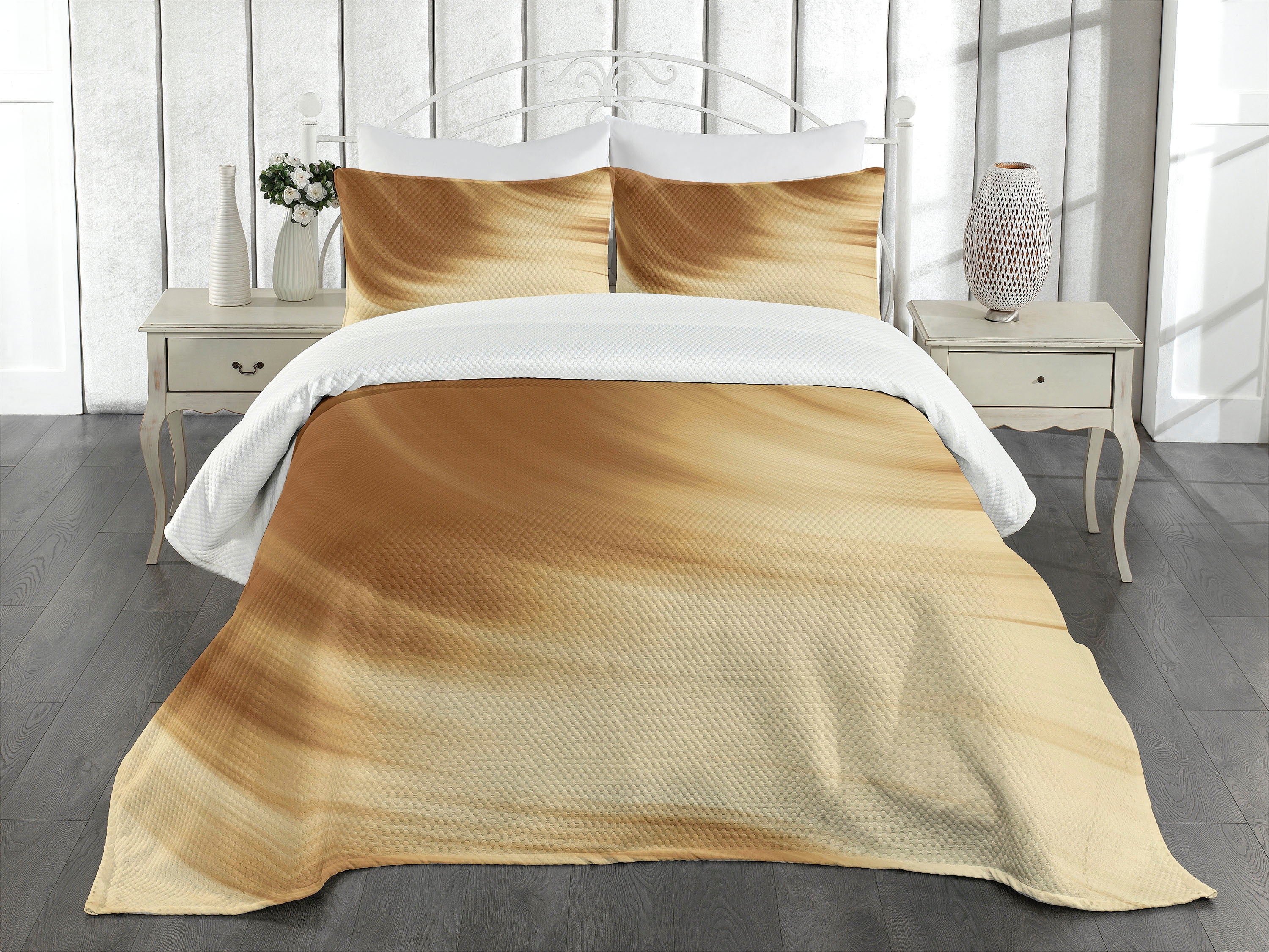 Ambesonne Tan Quilted Bedspread Set 3 Pcs, Curved Wave Like, Queen Size ...