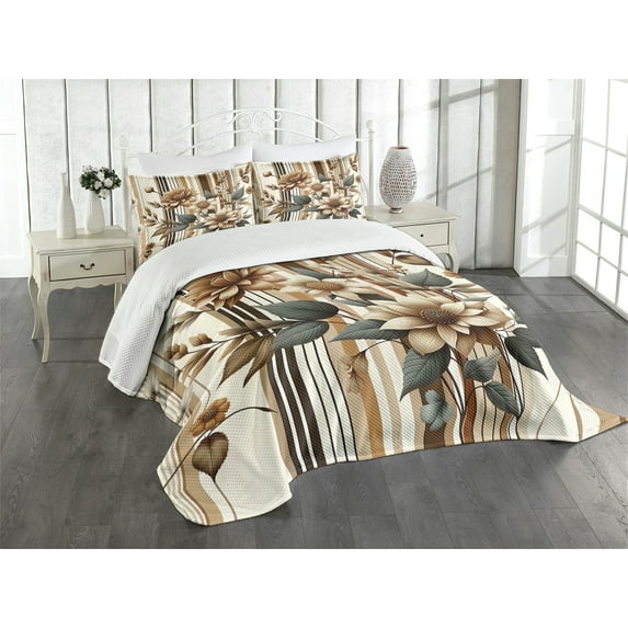 Ambesonne Tan Quilted Bedspread Set 3 Pcs, Retro Sepia Flowers and Stripes, King Size, Almond Dark Reseda Green