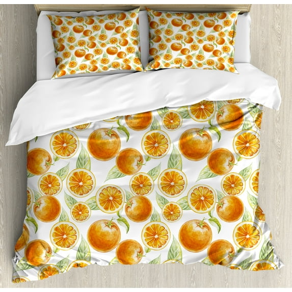 Ambesonne Tangerine Duvet Cover Set, Vintage Oranges Leaves, 2-Calking, Pale Green Orange
