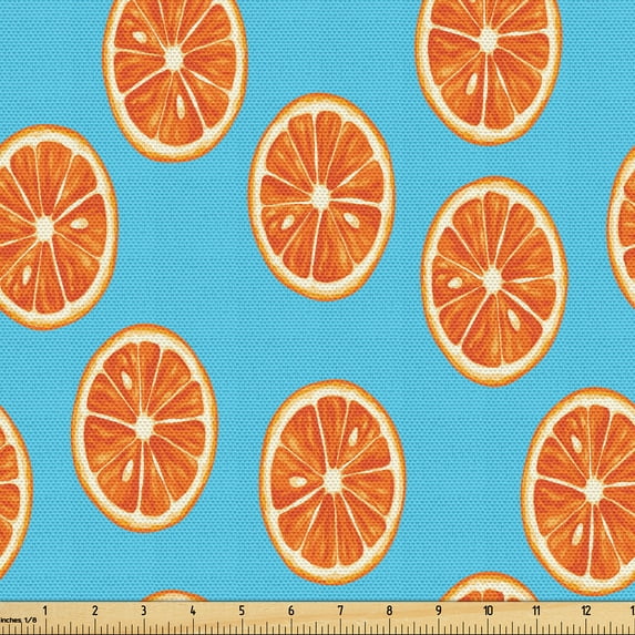 Ambesonne Tangerine Fabric by the Yard Upholstery, Exotic Citrus Fruit Round, 2 Yards, Sky Blue Burnt Orange