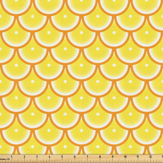 Ambesonne Tangerine Fabric by the Yard Upholstery, Retro Citrus Round Slices, 3 Yards, Pastel Yellow Orange