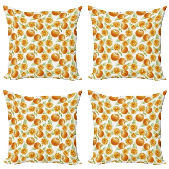 Ambesonne Tangerine Throw Pillow Cover 4 Pack, Vintage Oranges Leaves, 16", Pale Green Orange