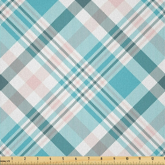 Ambesonne Tartan Fabric by the Yard Microfiber, Flannel Motif in Plaid Style, 1 Yard, Blush and Deep Sky Blue