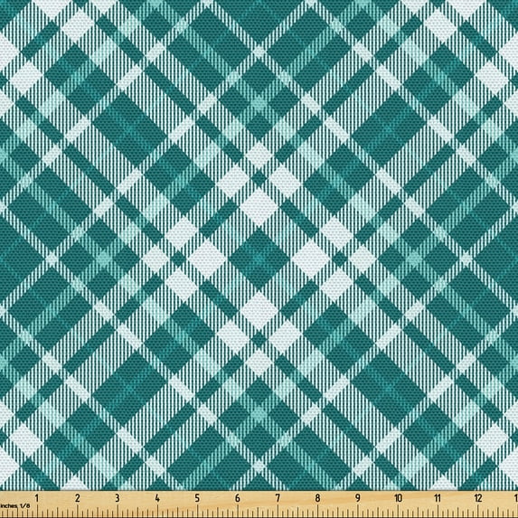 Ambesonne Tartan Fabric by the Yard Upholstery, Blue Retro Checkered Pattern, 1 Yard, Teal and White